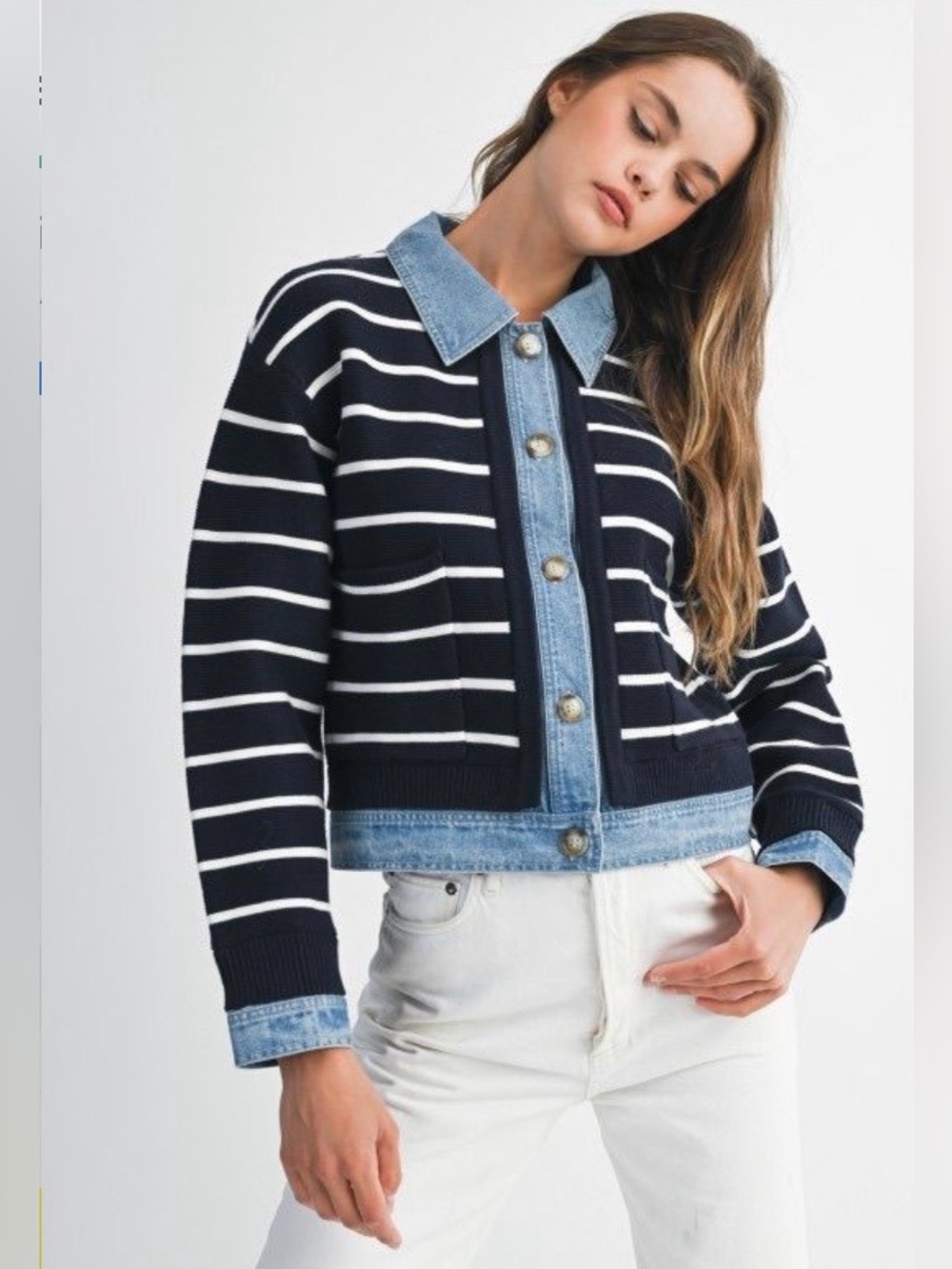 MABLE Navy and White Striped Knit Jean-Trim Jacket M New